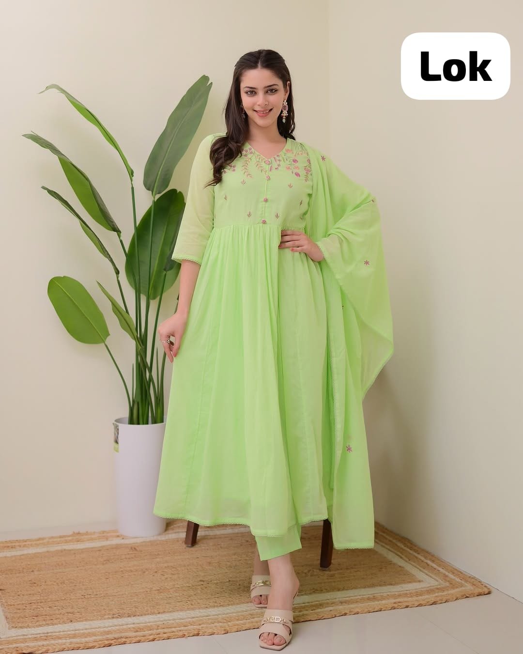 Green Floral Cotton Kurta Pant Dupatta Suit Set