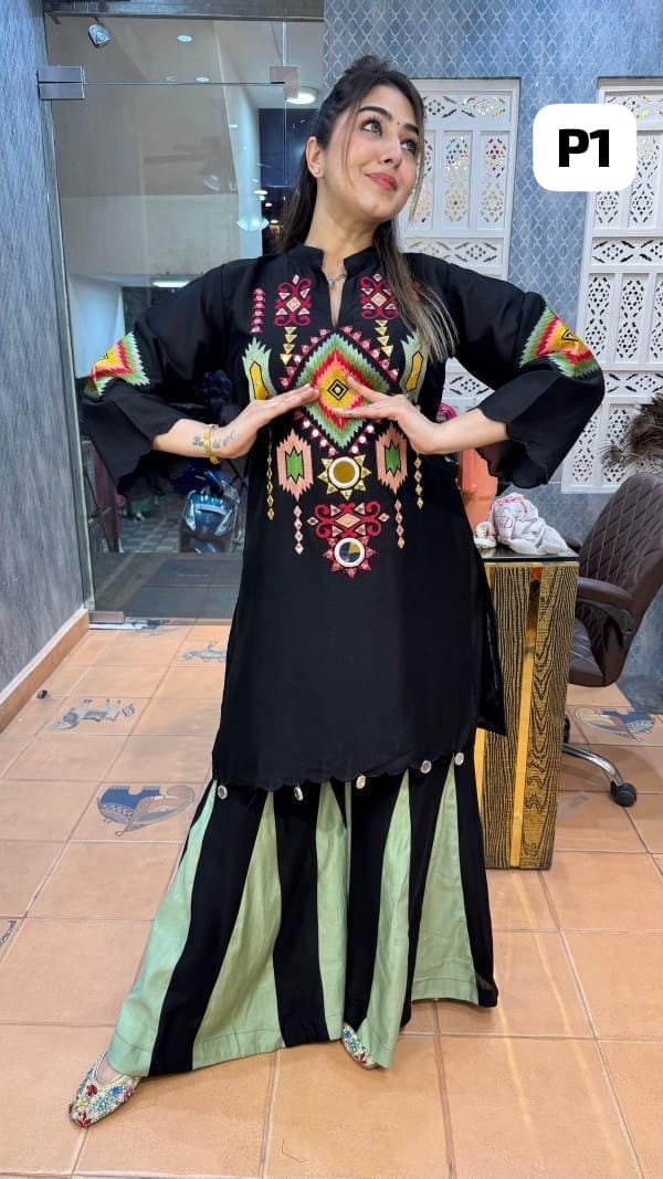 Black Cotton Embroidered Kurti Sharara Cord Set