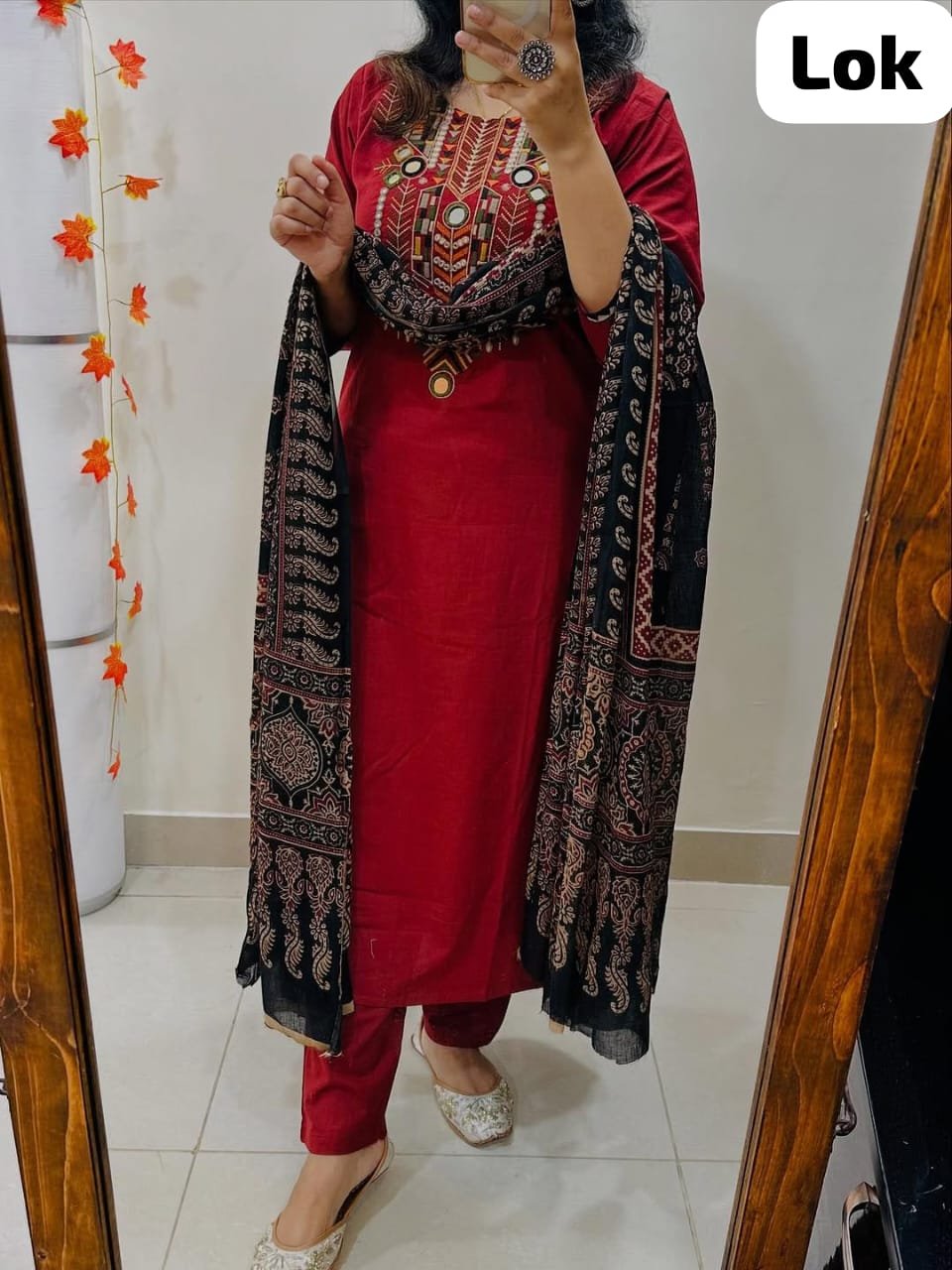 Red Heavy Cotton Embroidered Kurti Pant Dupatta Set