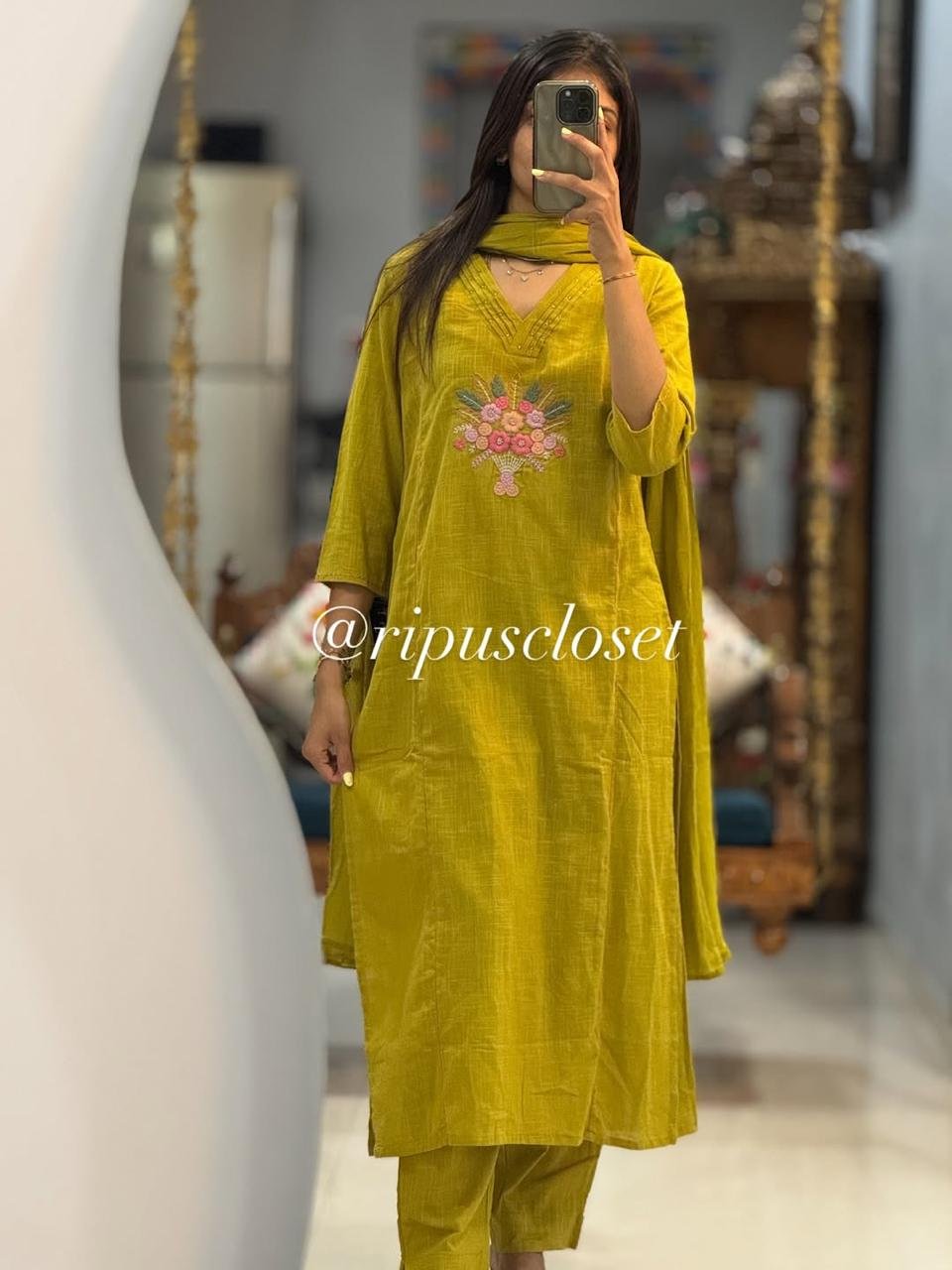 Cotton Khadi Embroidered Kurti Pant Suit Set