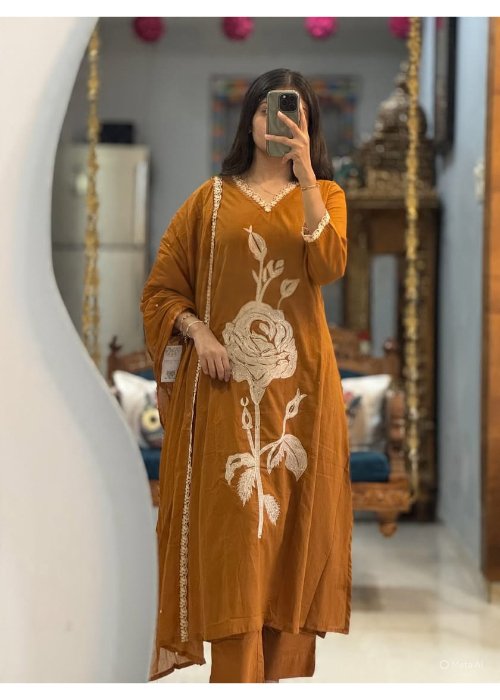 Pure Mul Cotton Floral Embroidered Pant Set