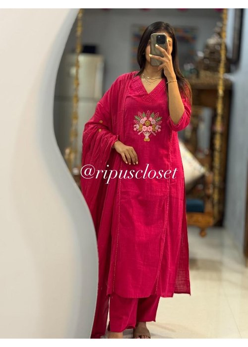 Cotton Khadi Embroidered Kurti Pant Suit Set