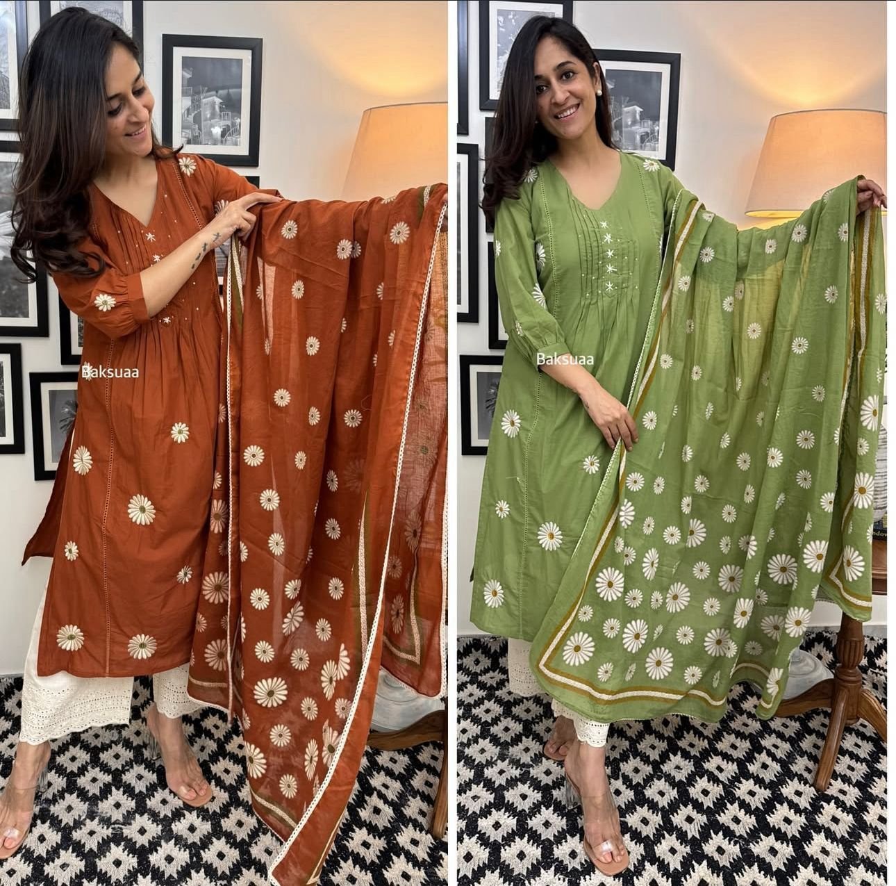 Brown Cotton Embroidered Kurti Set with Dupatta