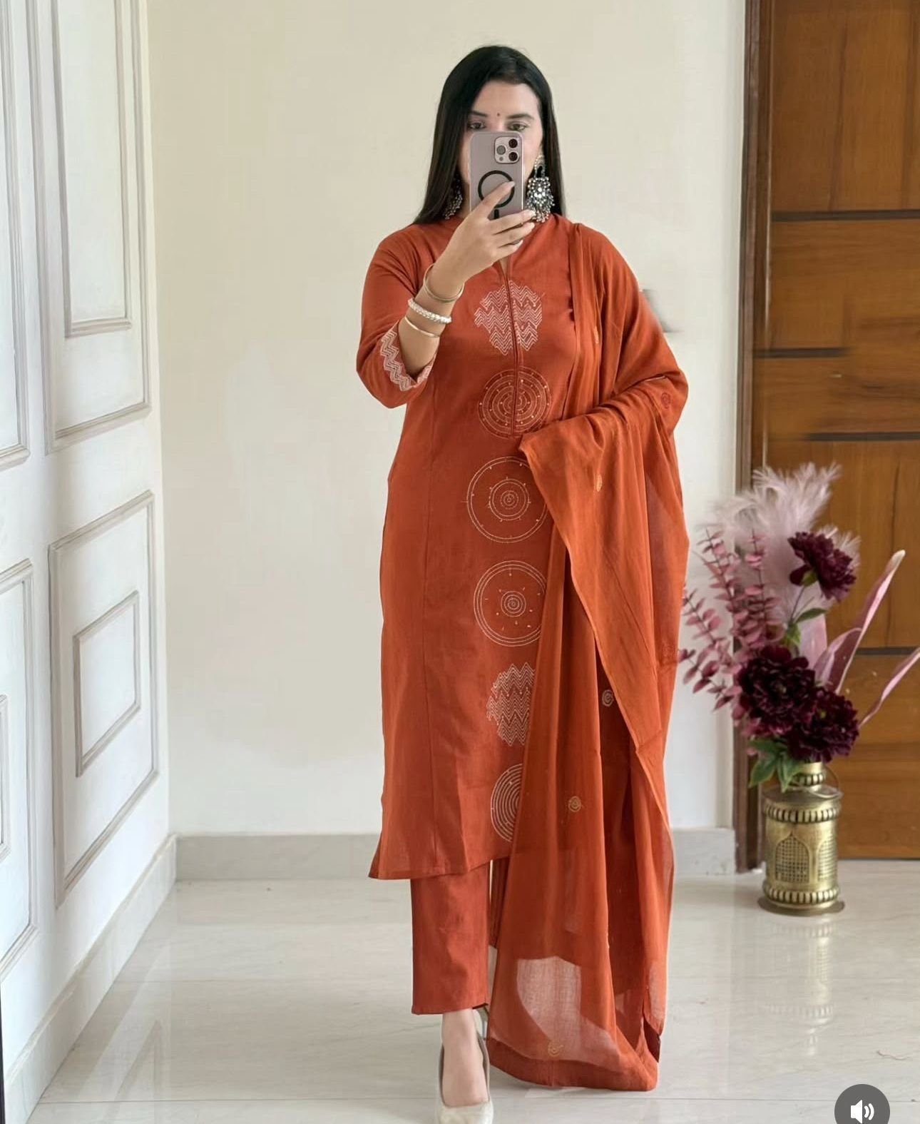 Orange Jaipuri Cotton A-Line Suit with Embroidered Dupatta