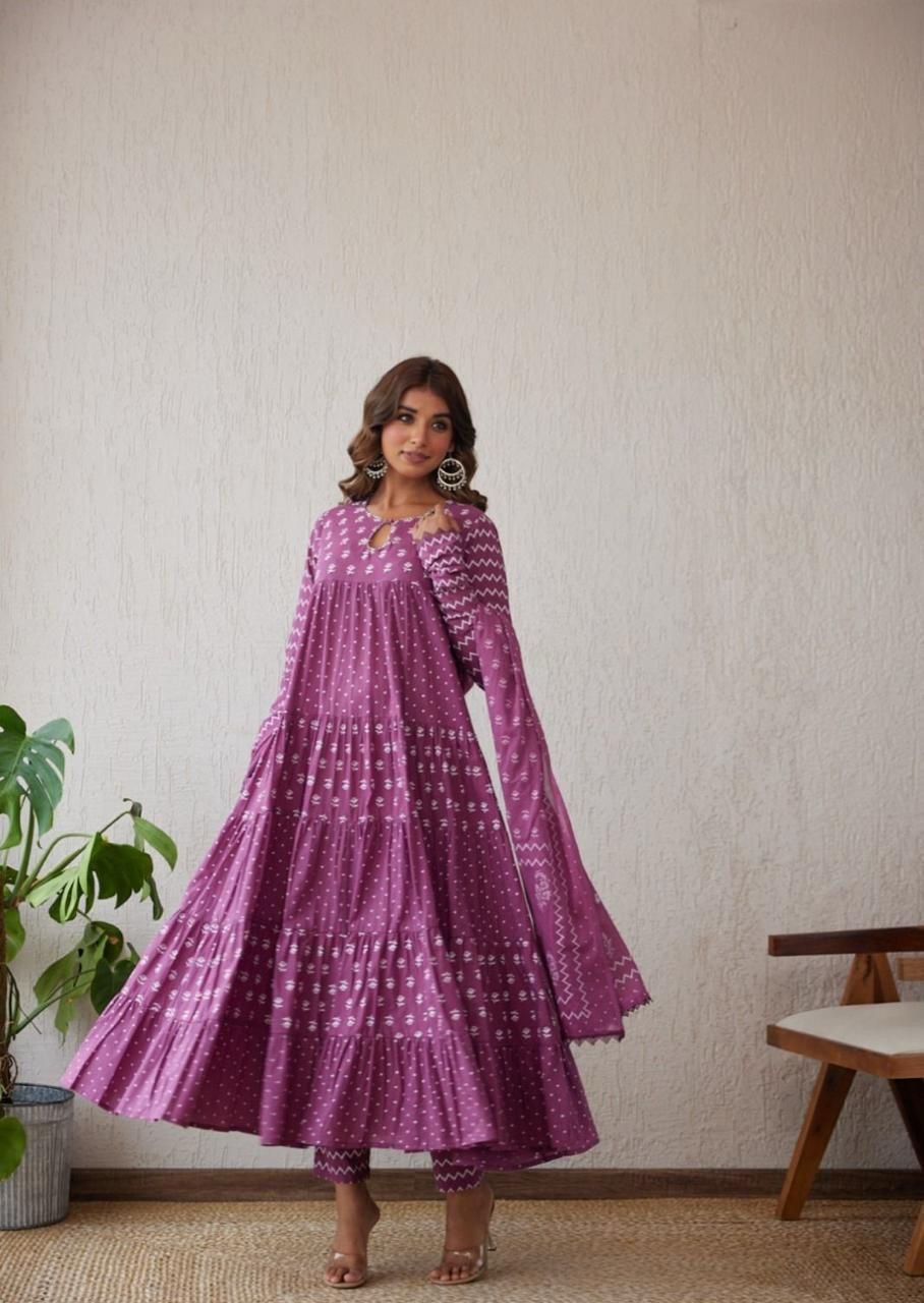 Purple Cotton Anarkali Suit with Dupatta
