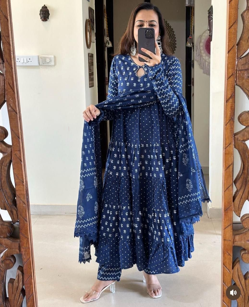 Indigo Blue Cotton Anarkali Suit with Dupatta