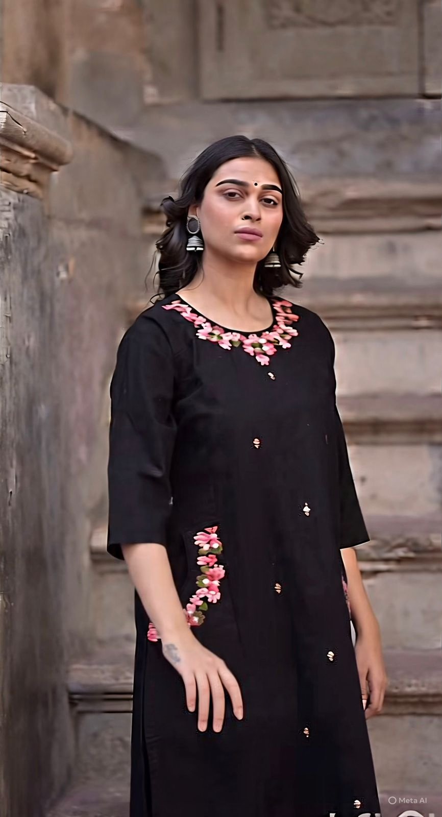 Black Cotton Coord Set with Embroidered Top and Pant