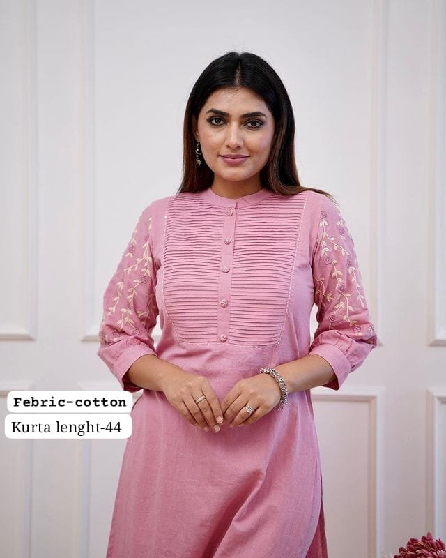 Pink Kurti Pant Set with Embroidery & Pintex Detailing