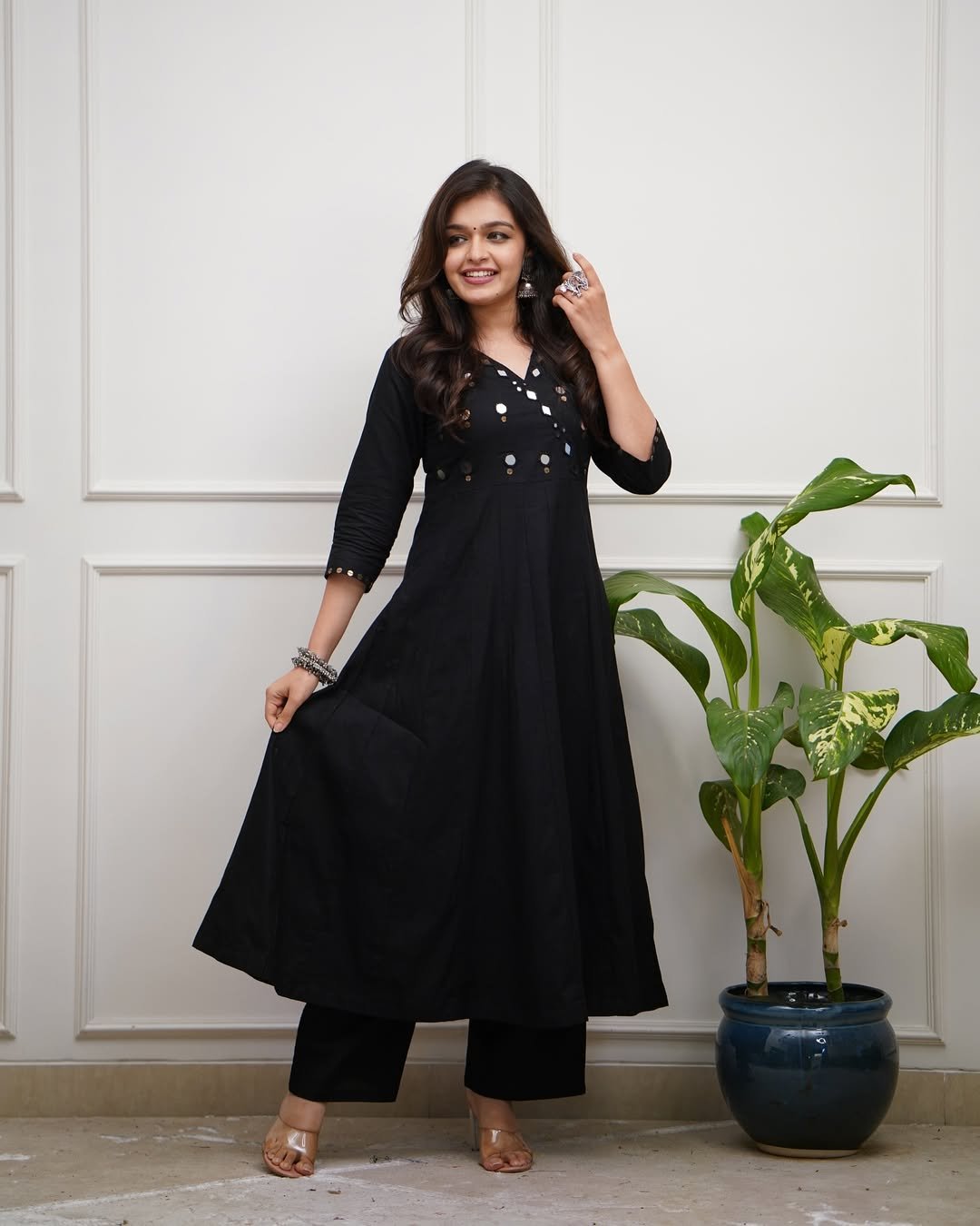 Black Cotton Kurti Pant Set with Mirror Work Detailing