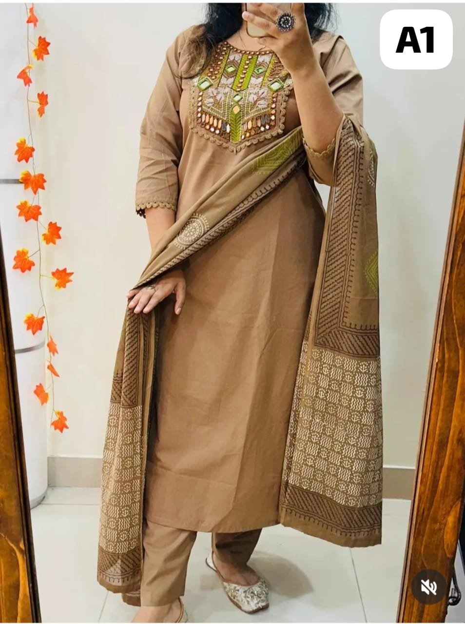 Embroidered Cotton Kurti Palazzo Dupatta Set