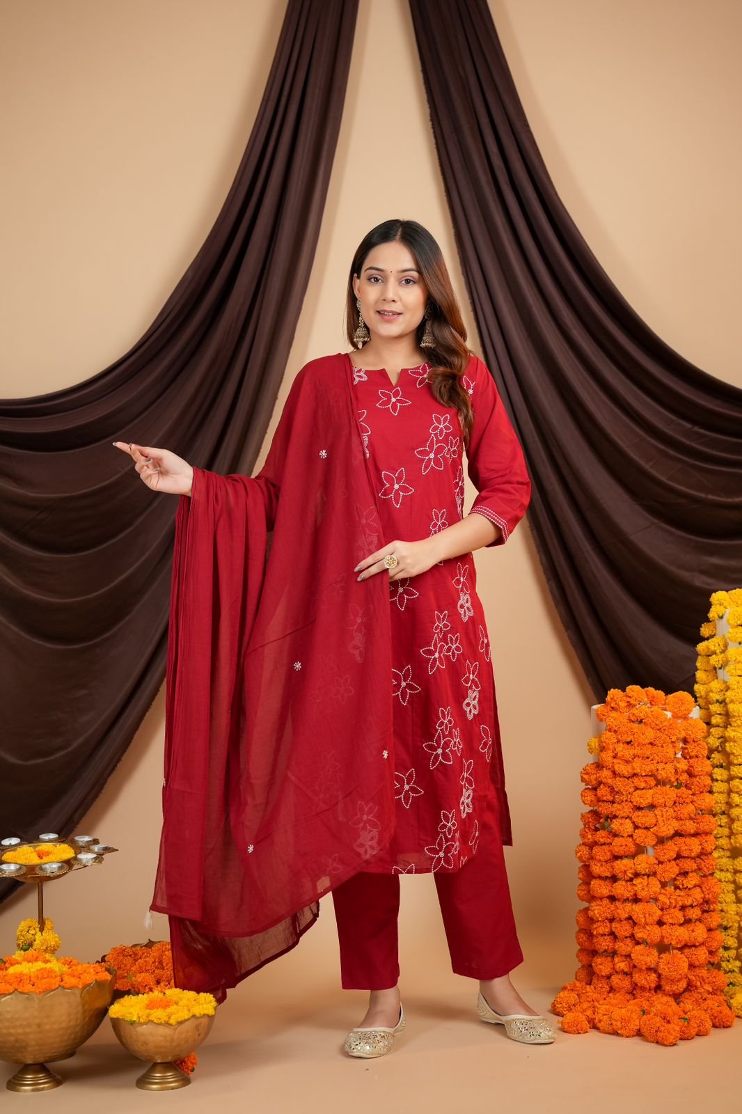 Red Cotton Embroidered Khadi Suit Set