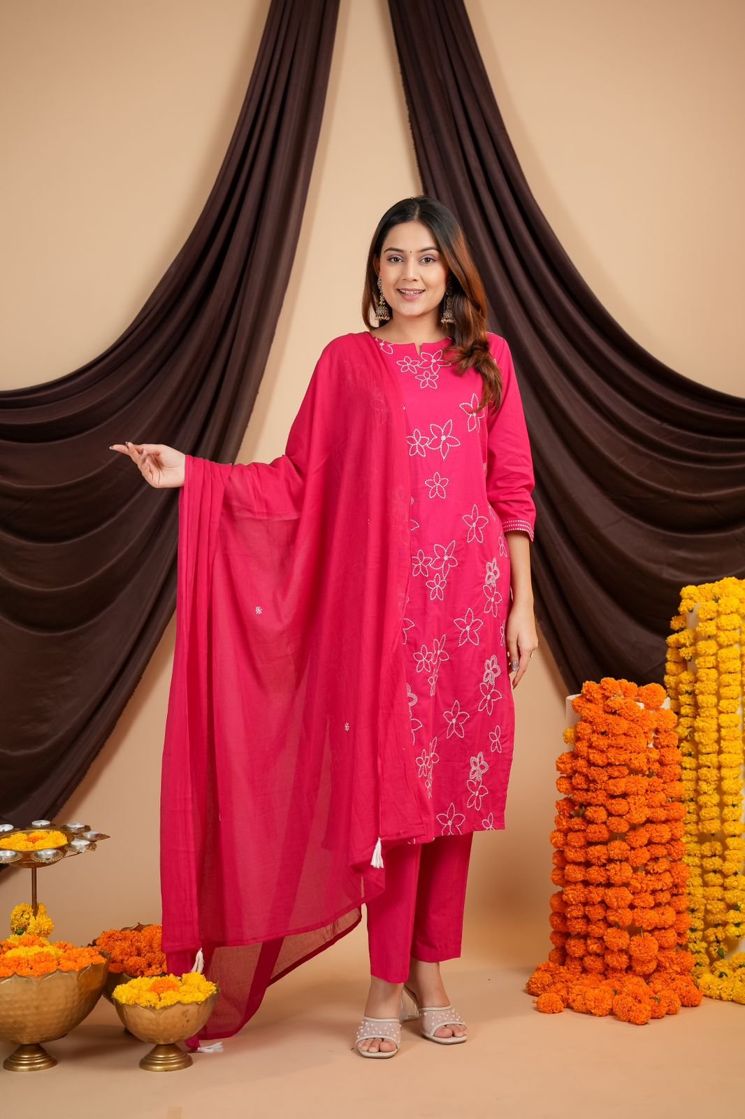 Pink Cotton Embroidered Khadi Suit Set