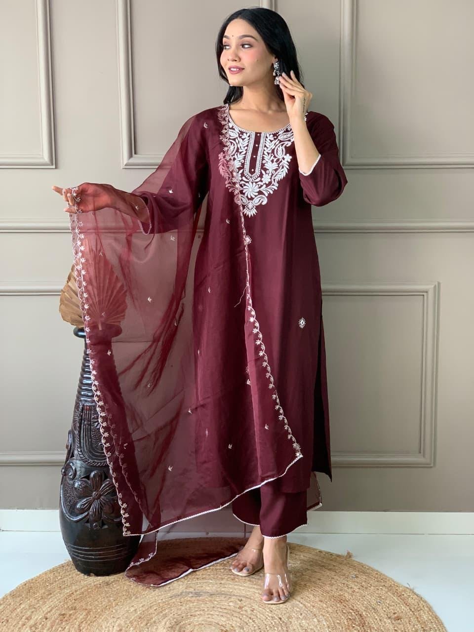 Wine Rayon Mirror Work Kurti Set