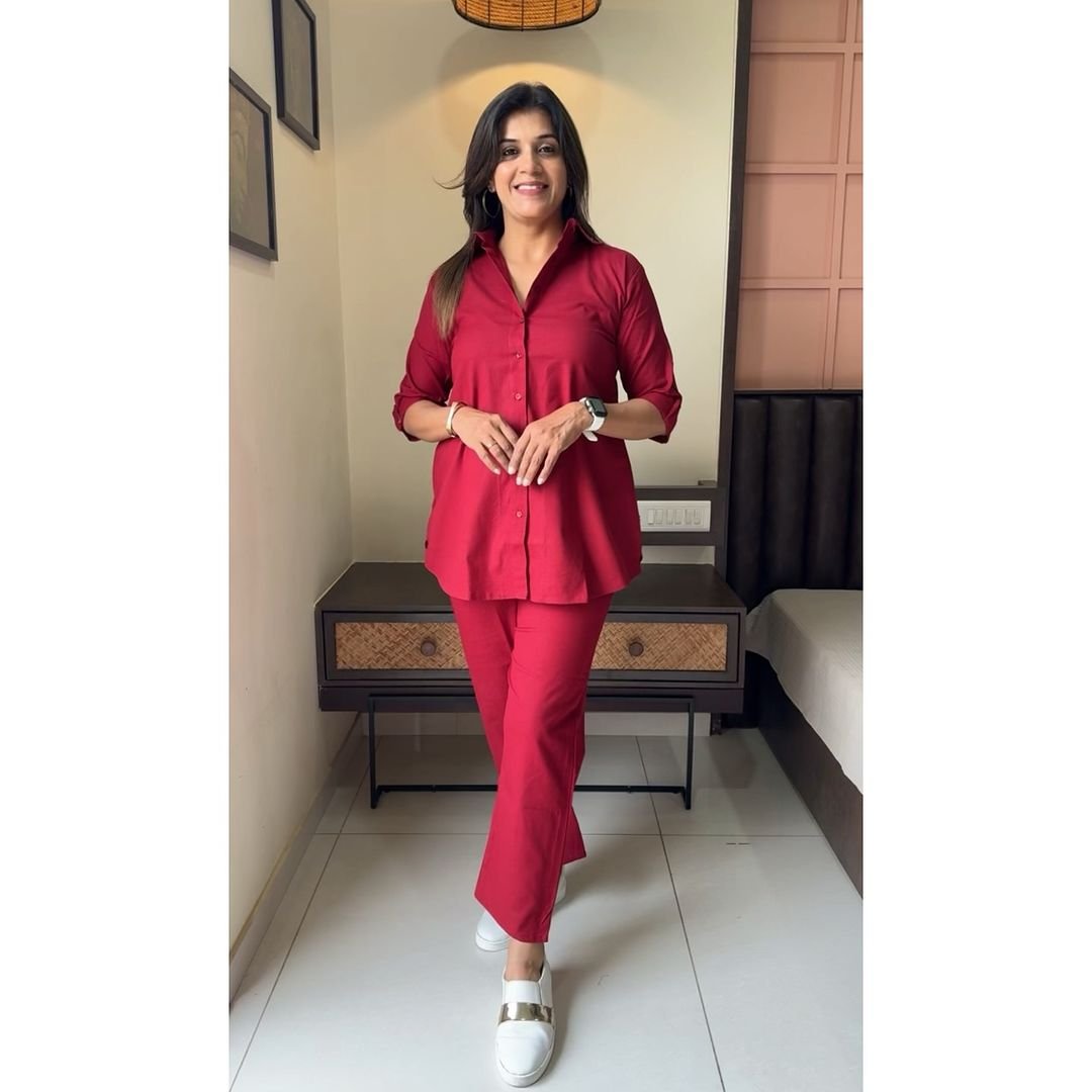 Maroon Cotton Slub Co-Ord Set with Tunic Top