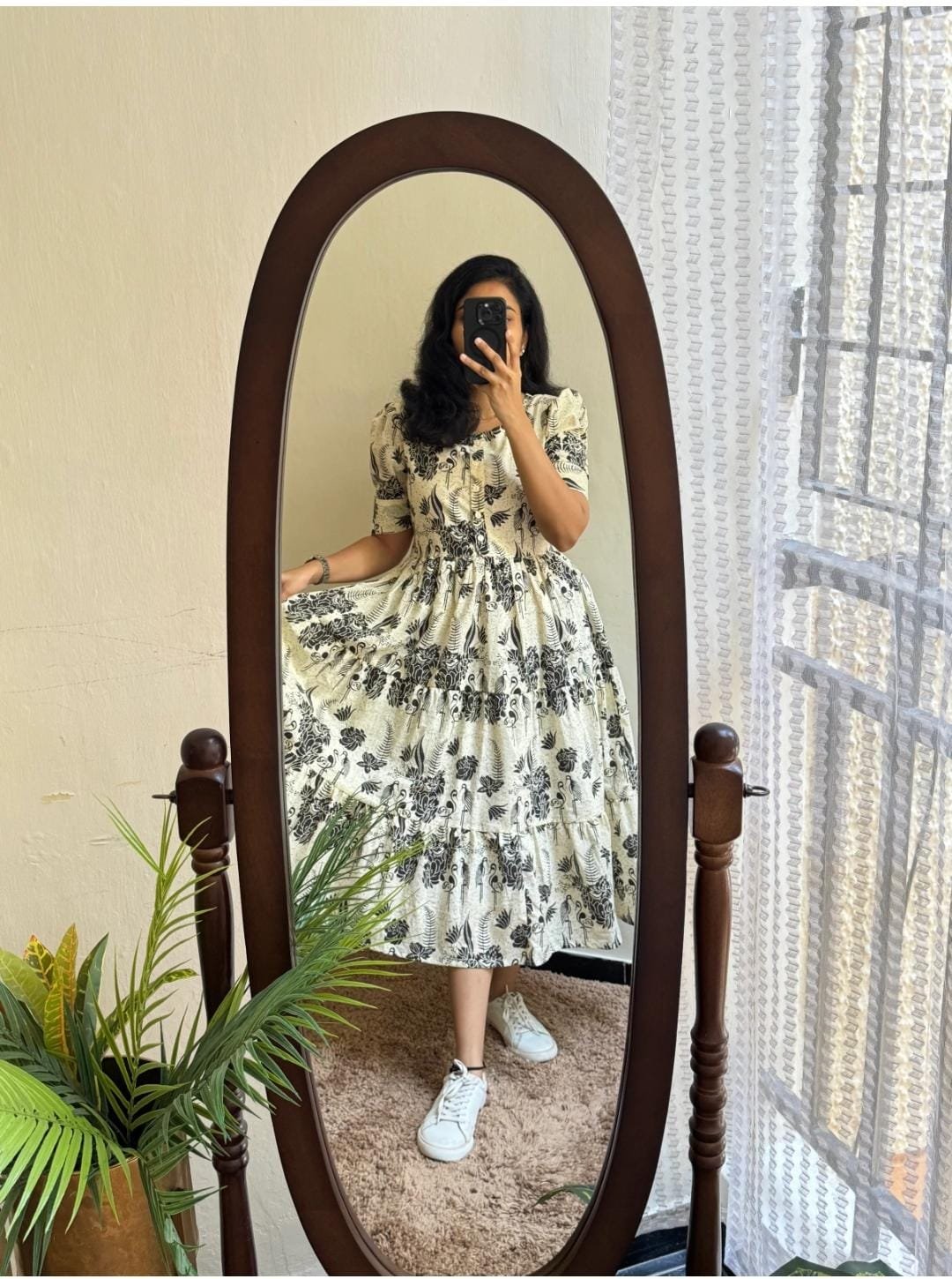 White Printed Cotton Midi Gown Dress