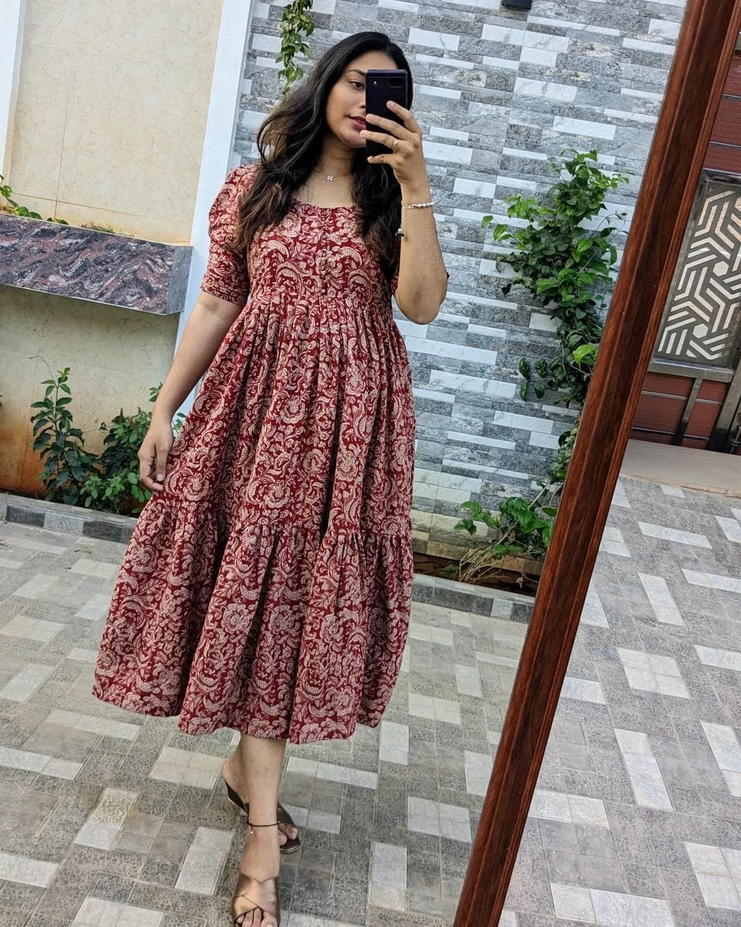 Maroon Printed Cotton Midi Gown Dress