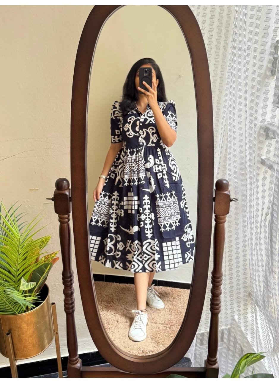 Navy Blue Printed Cotton Midi Gown Dress