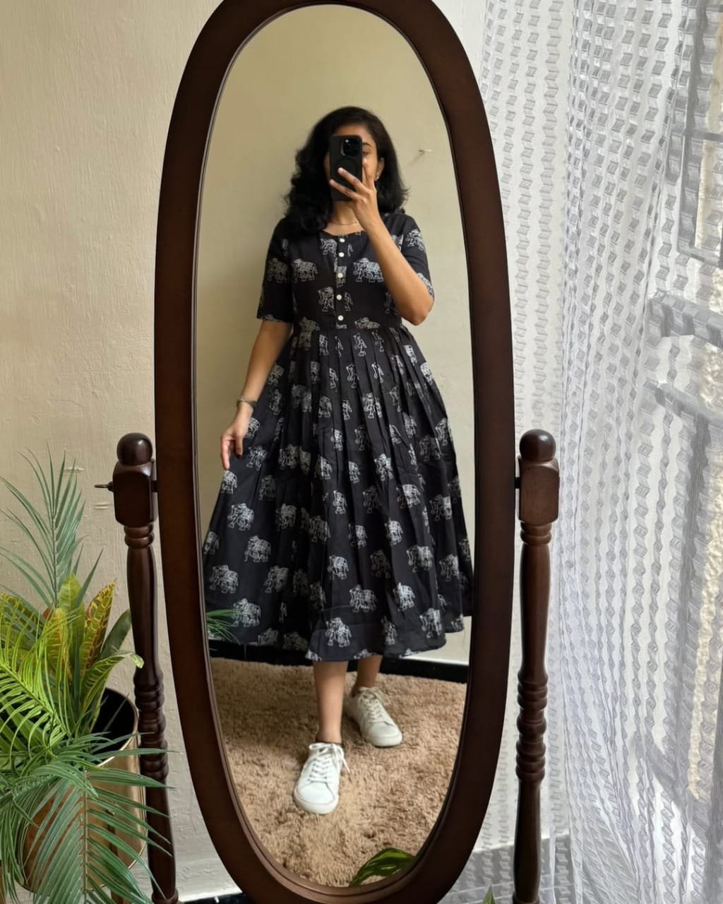 Black Printed Cotton Midi Gown Dress