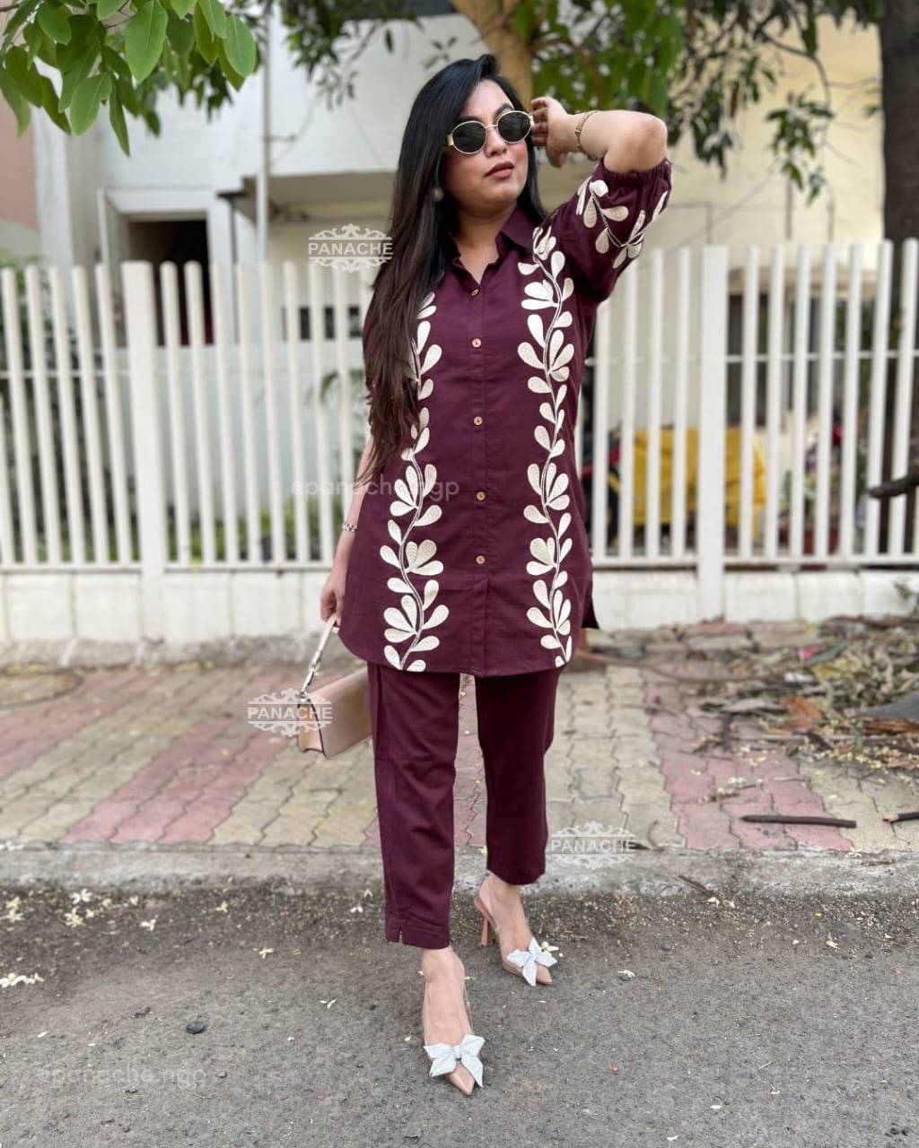 Maroon Embroidered Cotton Co-Ord Kurta Set