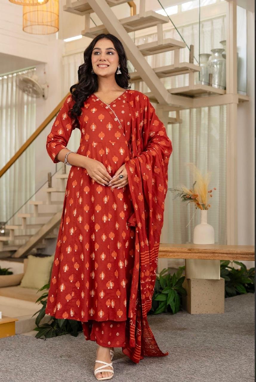 Embroidered Angrakha Anarkali Cotton Suit Set