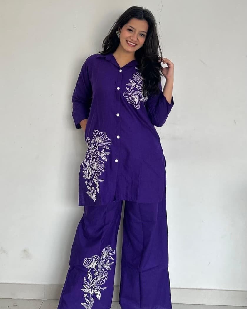 Blue Embroidered Cotton Co-Ord Set