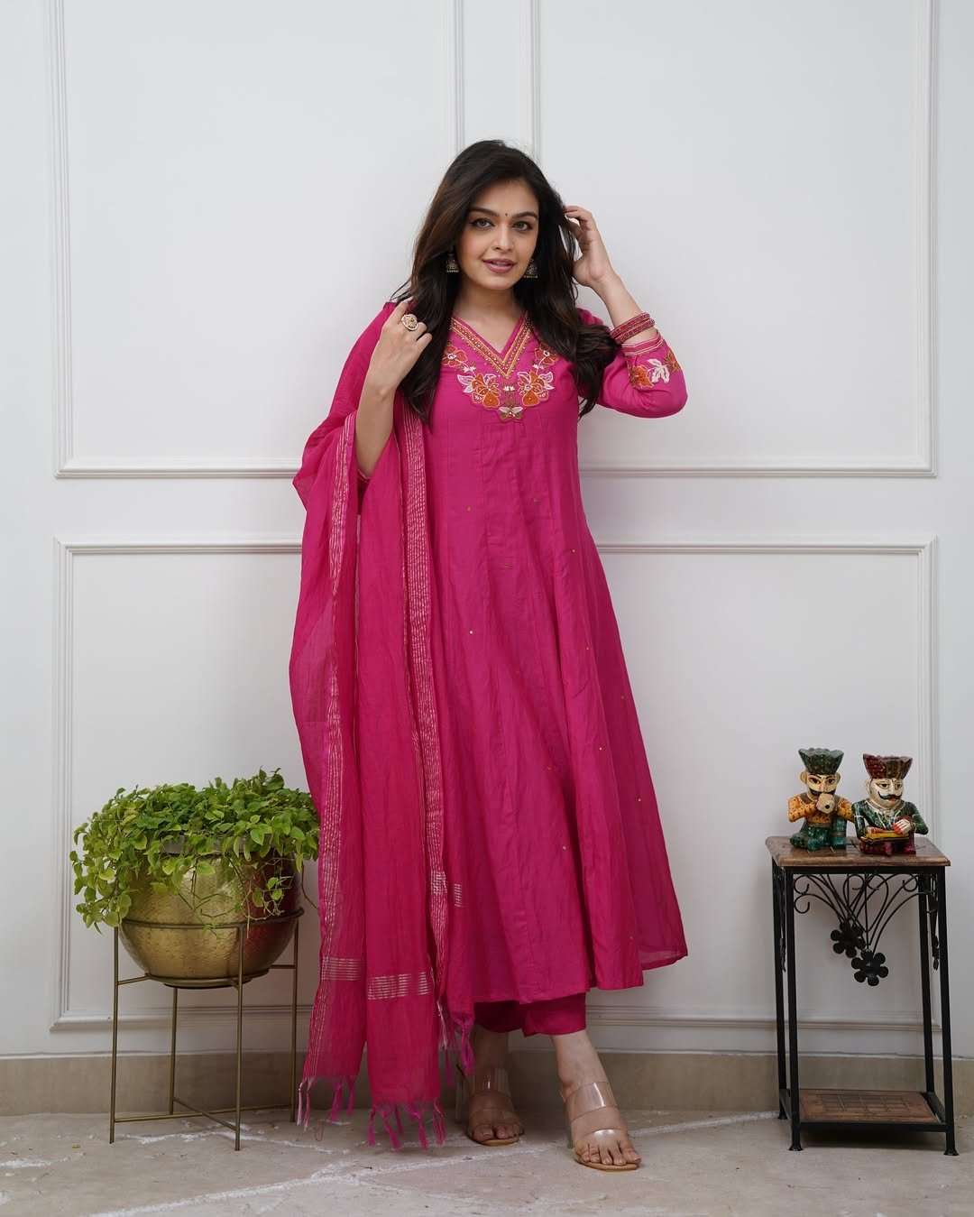 Pink Cotton Anarkali Suit Set with Mirror Work