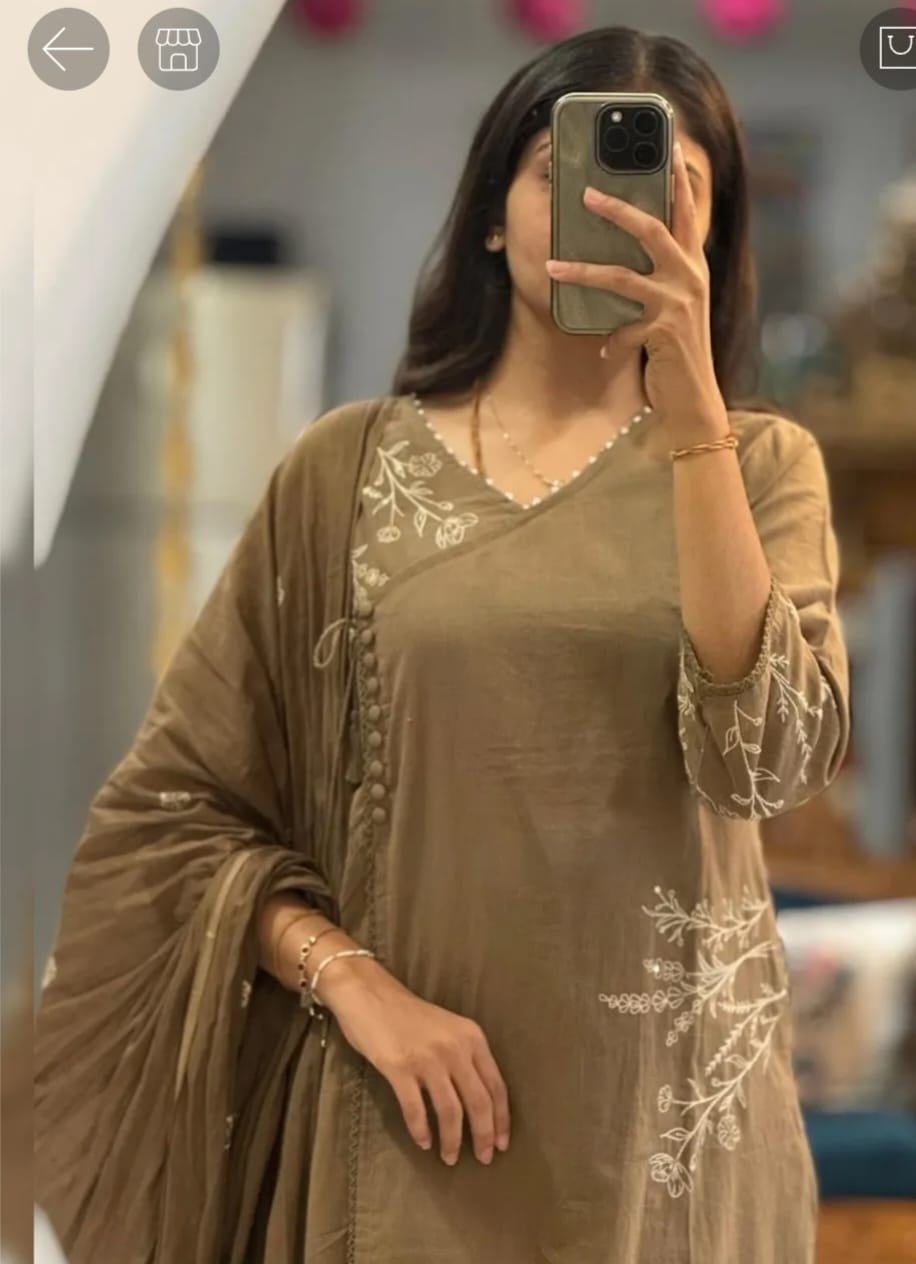 Olive Brown Cotton A-Line Kurti Pant Dupatta Set