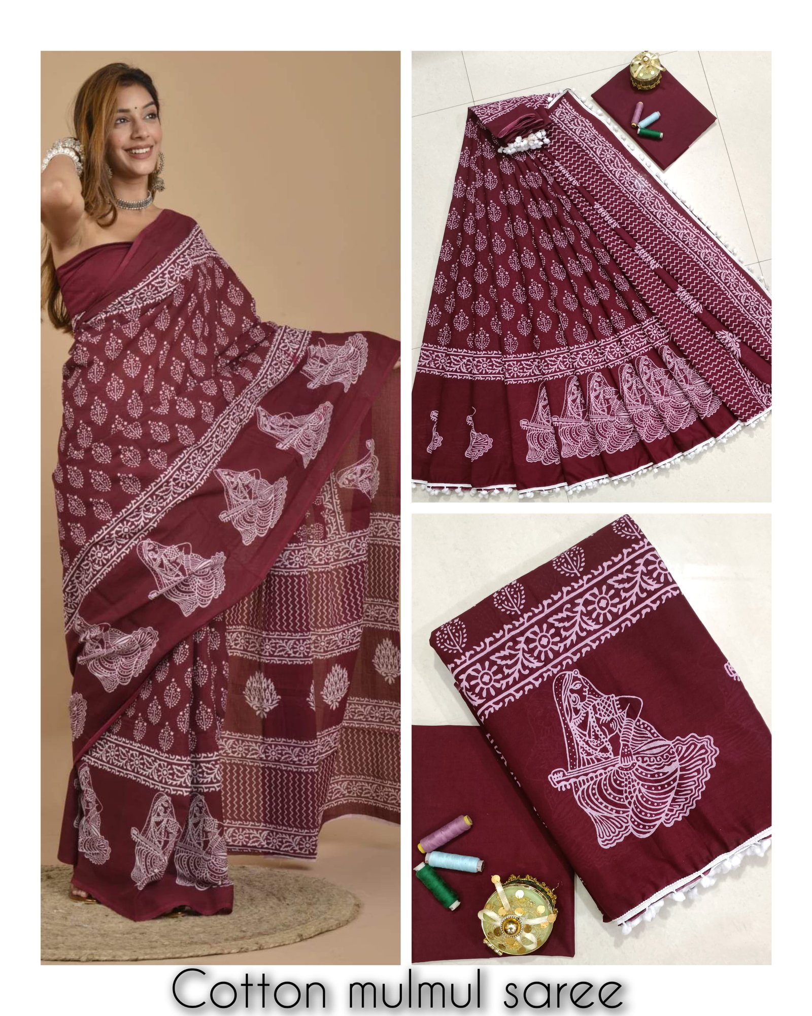 Bagru Block Print Mulmul Cotton Saree