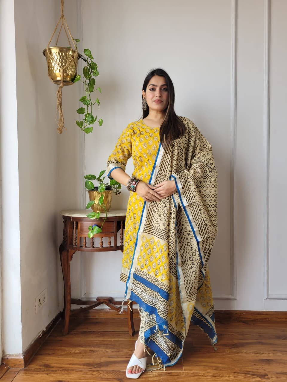Yellow Bagru Hand Block Printed Linen Suit Set