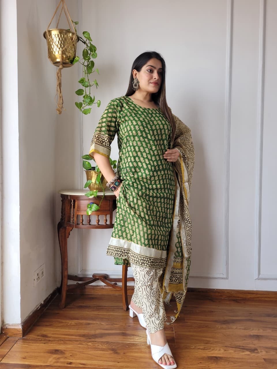 Green Bagru Hand Block Printed Linen Suit Set