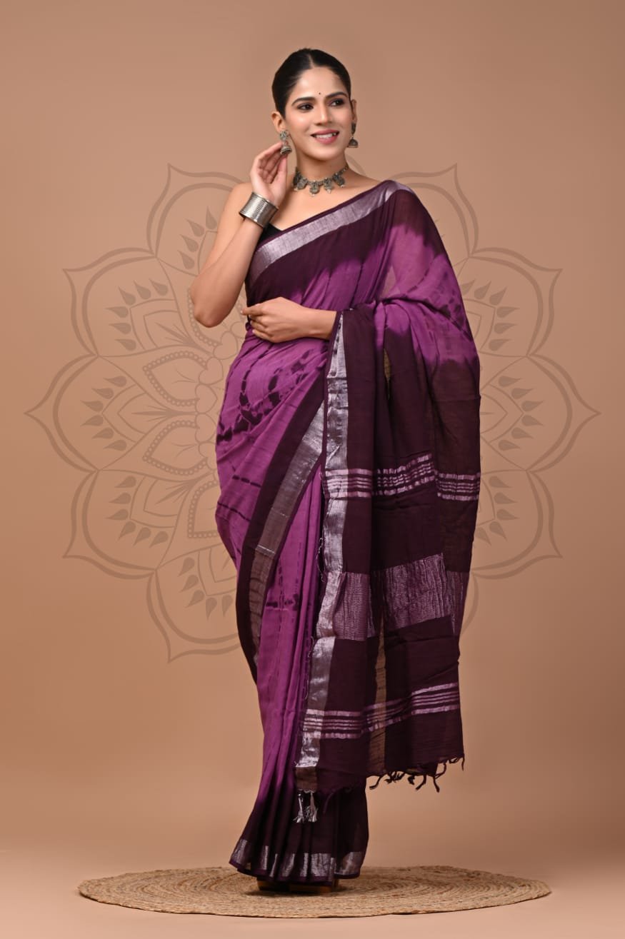Hand Block Printed Linen Saree with Blouse
