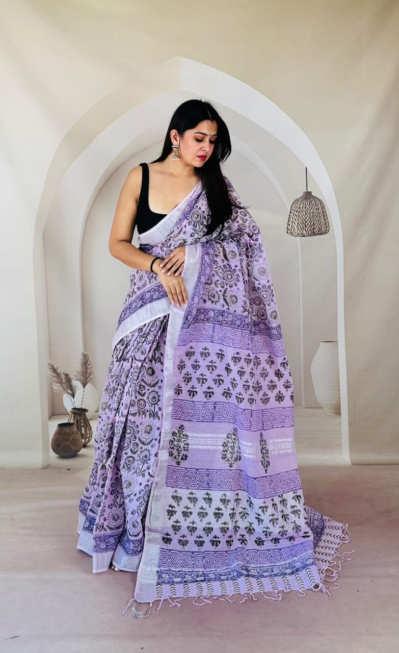 Hand Block Printed Linen Saree with Blouse