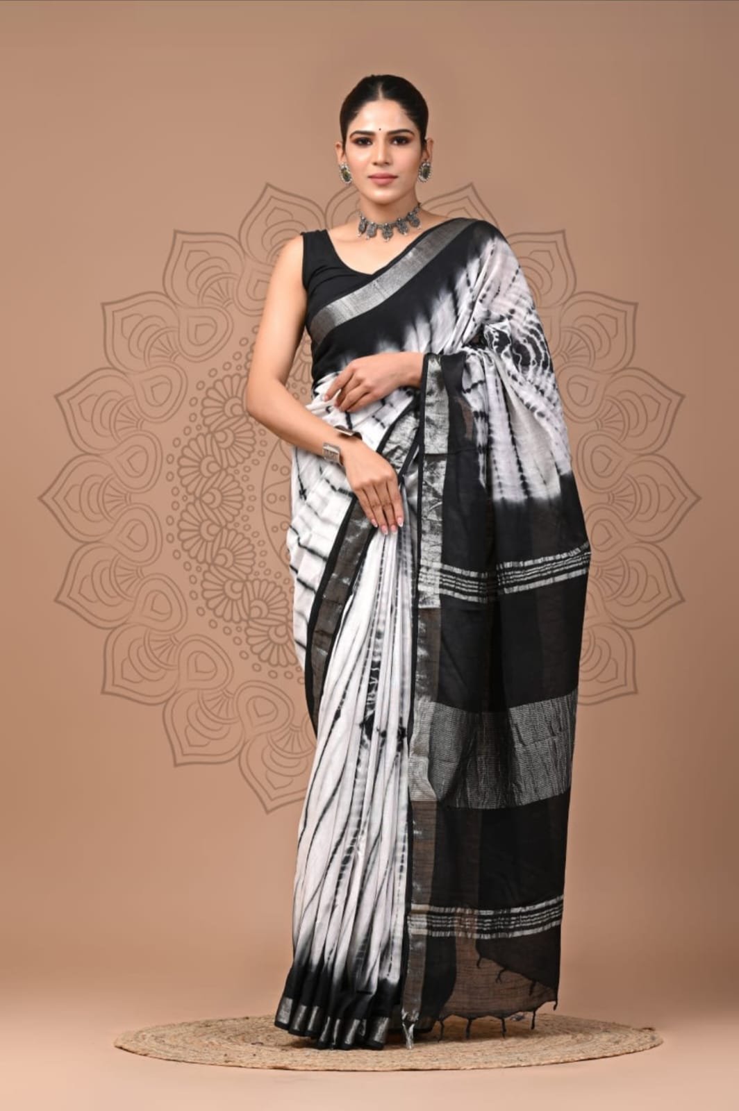 Hand Block Printed Linen Saree with Blouse