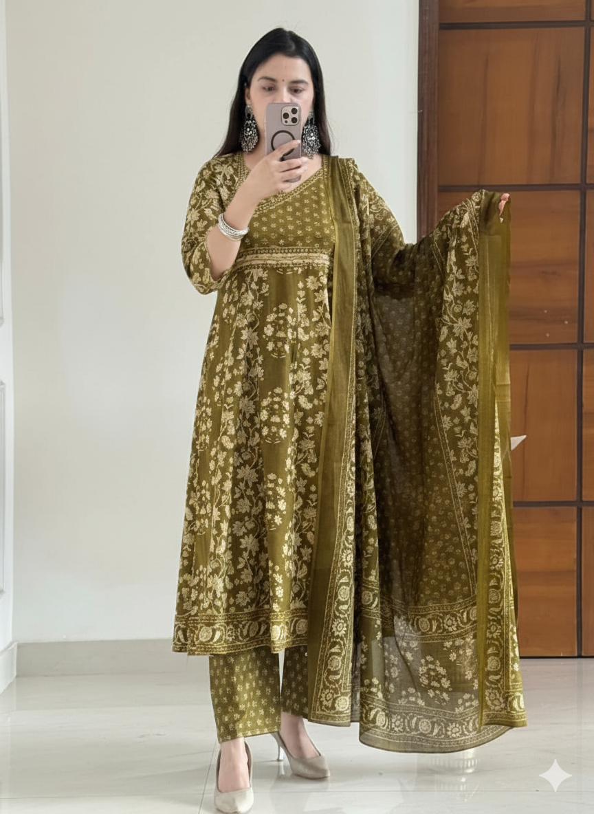 Green Printed Cotton Anarkali Suit Set with Dupatta