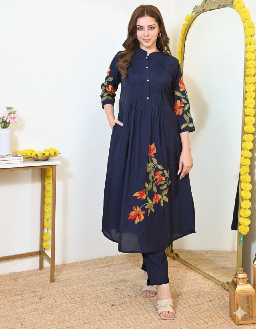 Blue Pintex Embroidered Summer Cotton Kurti