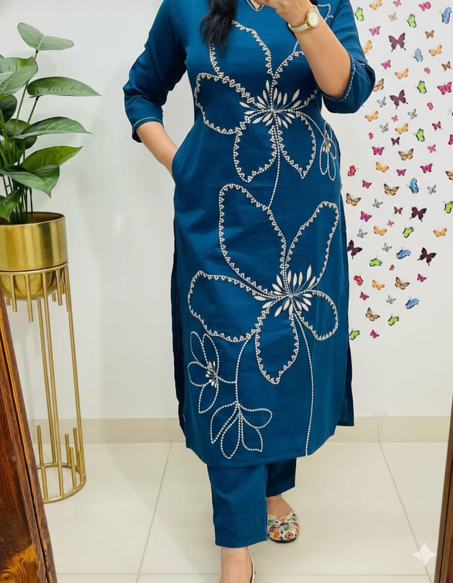 Blue Heavy Cotton 60x60 Embroidered Kurti Pant Set