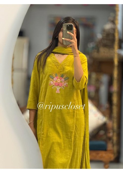 Cotton Khadi Embroidered Kurti Pant Suit Set