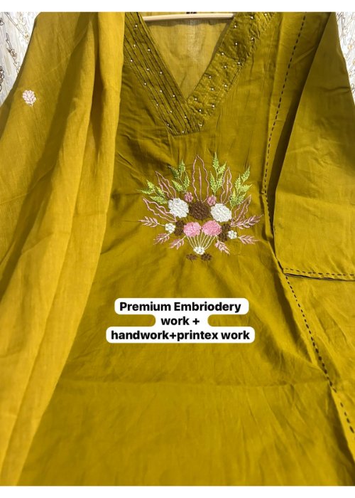 Cotton Khadi Embroidered Kurti Pant Suit Set