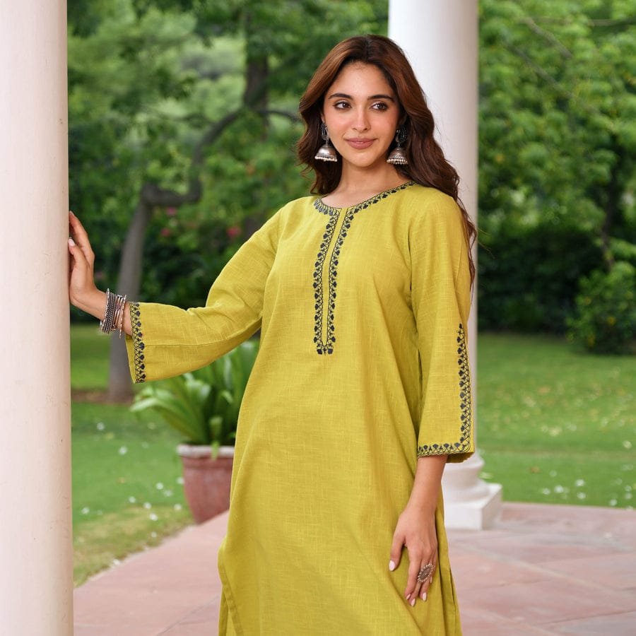 Cotton Slub Thread Work Kurti Palazzo Set