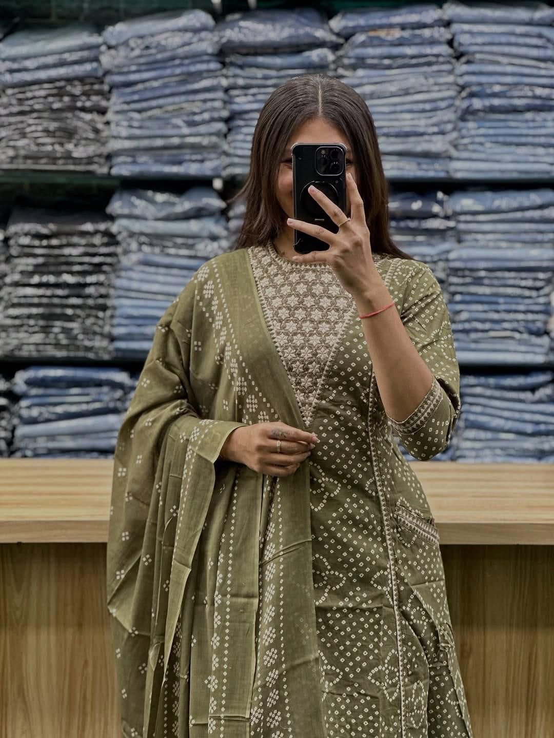 Green Cotton Embroidered 3-Piece Suit Set