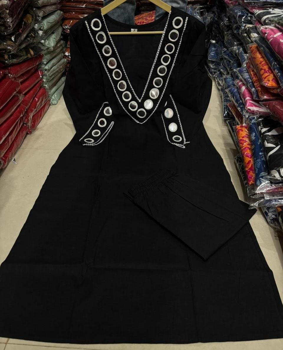 Black Cotton Kurti Pant Set with Mirror Embroidery