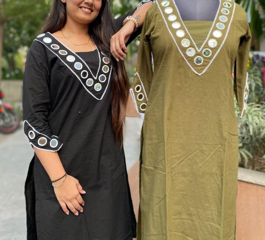 Black Cotton Kurti Pant Set with Mirror Embroidery