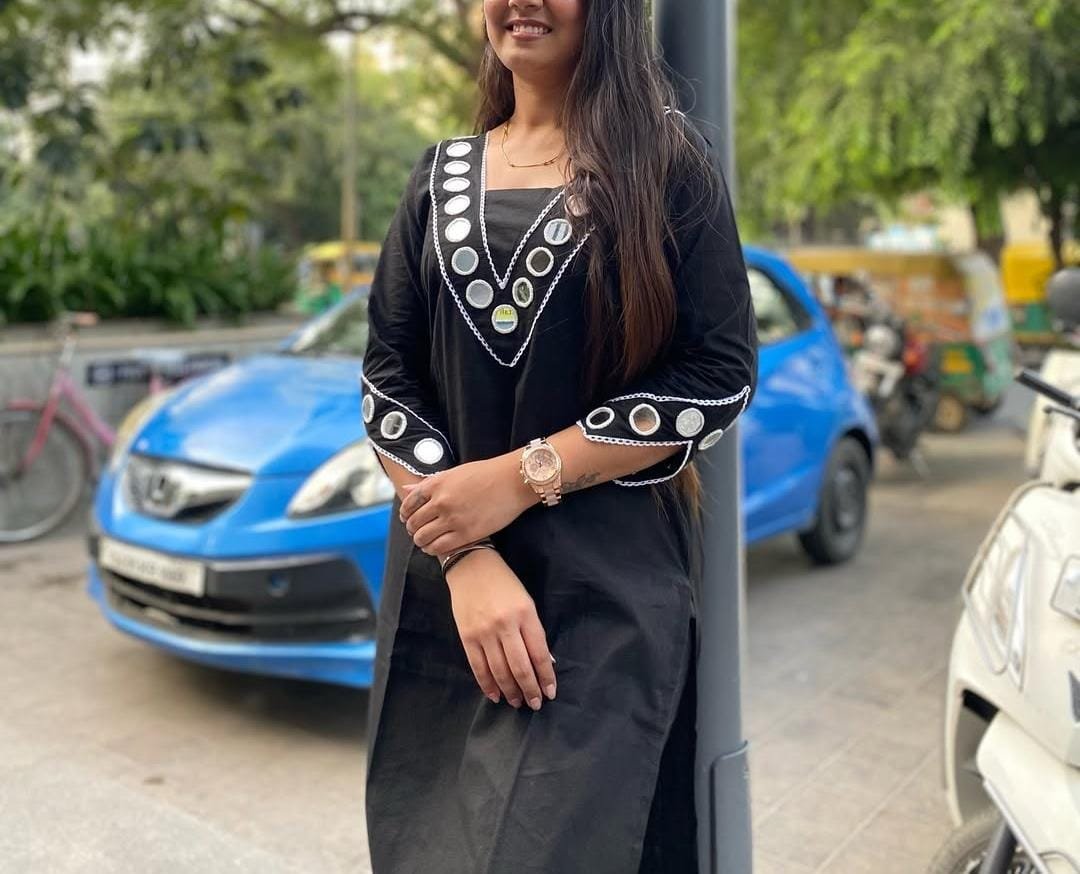 Black Cotton Kurti Pant Set with Mirror Embroidery