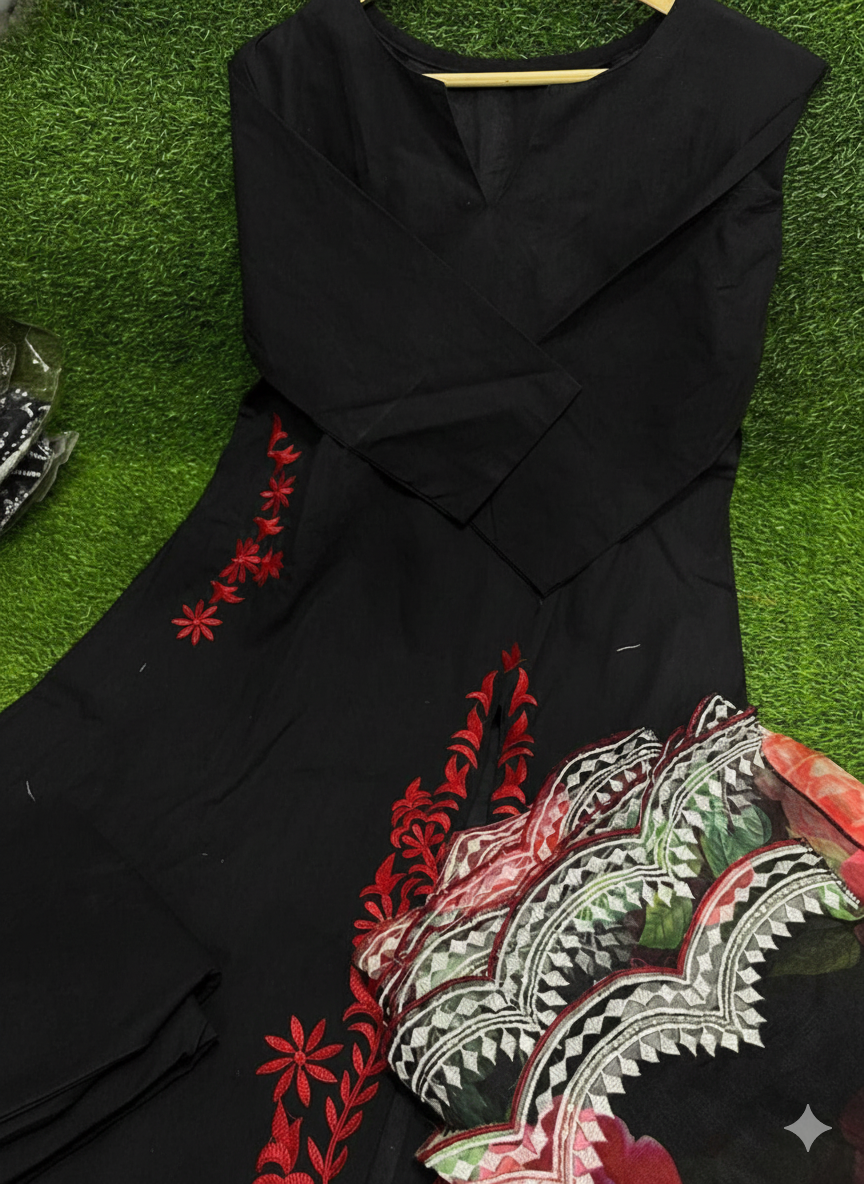 Cotton A-Line Suit Set with Organza Dupatta