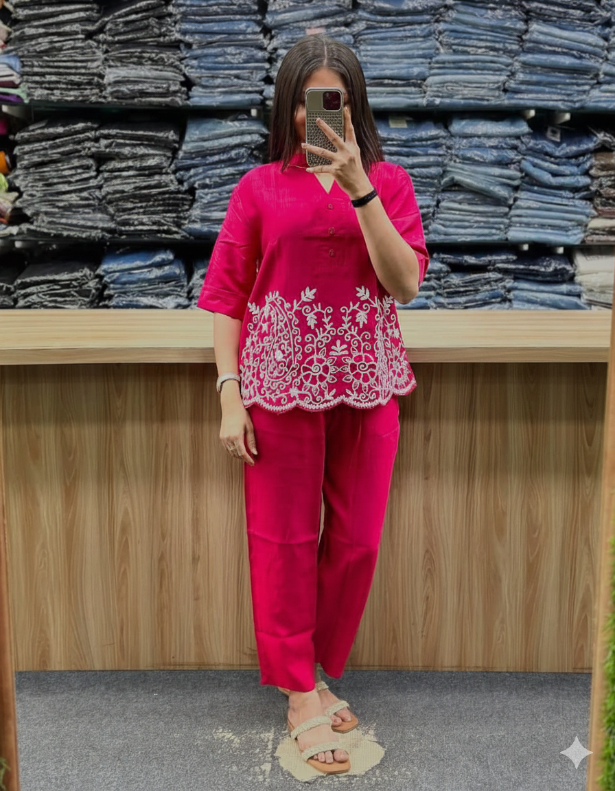 Pink Chikankari Cotton Slub Co-Ord Set