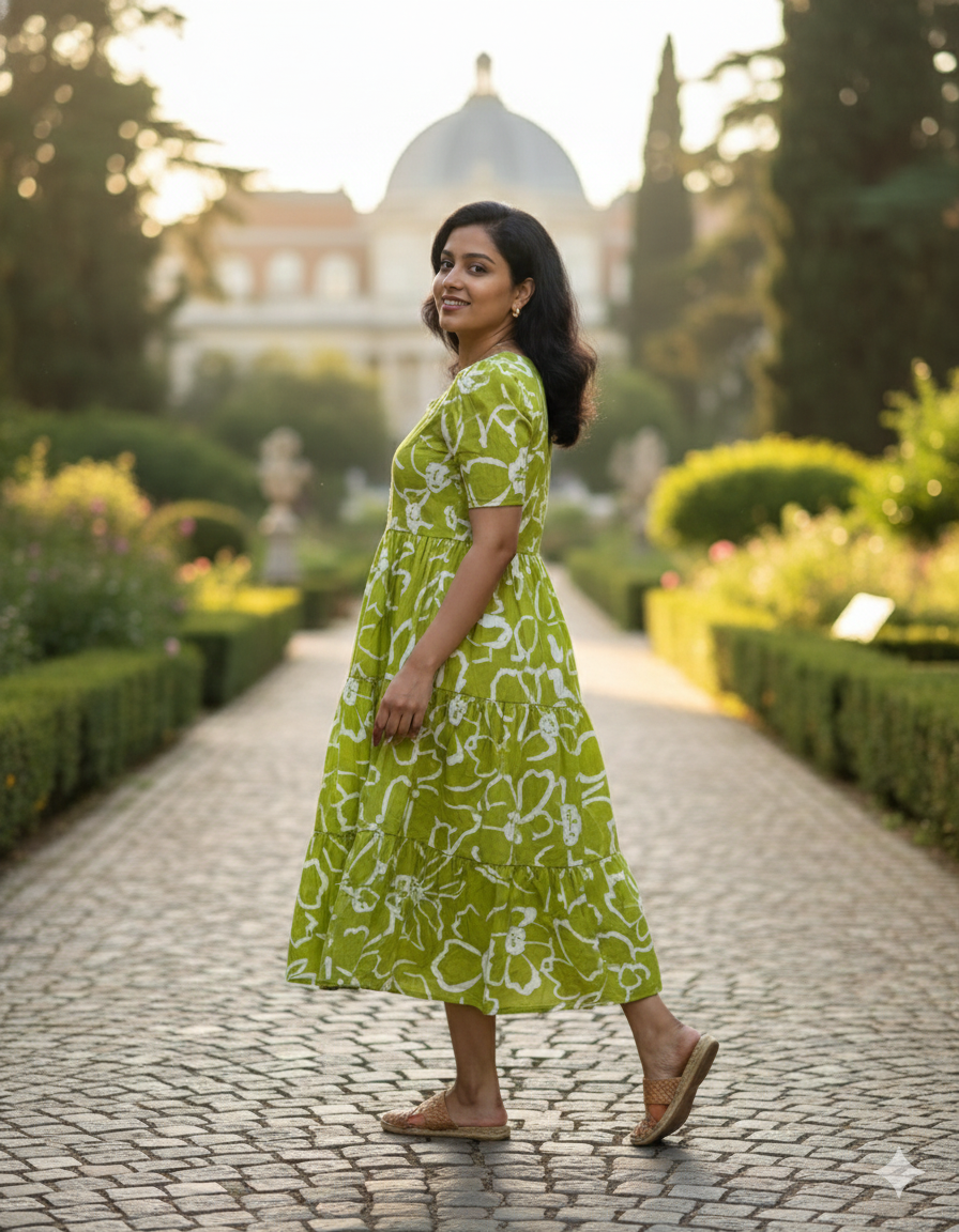 Green Printed Cotton Midi Gown Dress