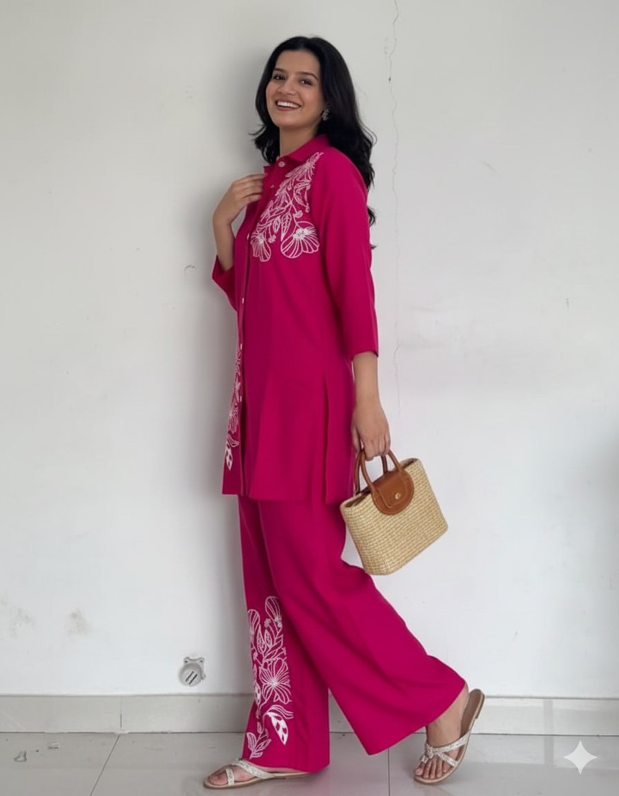 Pink Embroidered Cotton Co-Ord Set