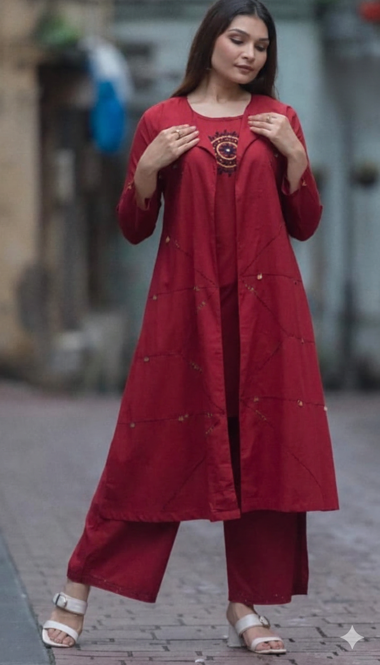 Red Cotton 3-Piece Co-Ord Set