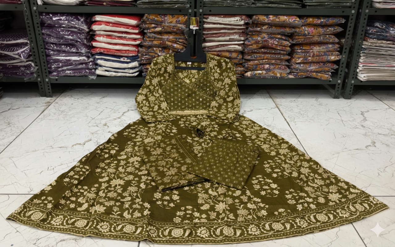 Green Printed Cotton Anarkali Suit Set with Dupatta