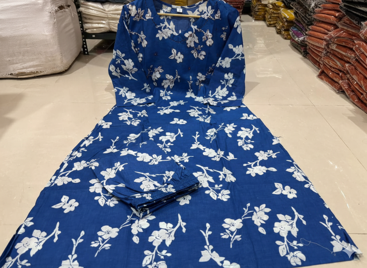 Blue Flared A-Line Cotton Kurti Plazzo Set